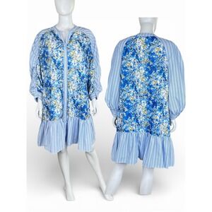 Davis & Dani Womens Blue Floral Stripe Mix Shirt Dress Size S oversized